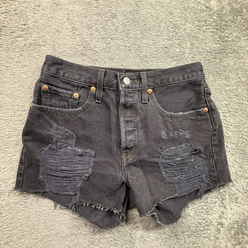 Levi's 501 Denim Shorts Women 27 Black Distressed Jean Short 100% Cotton Cut Off